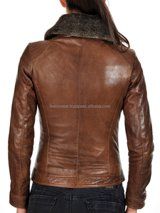 Veste en cuir de mouton véritable marron pour femme avec col en fourrure chaud hiver vêtements d'extérieur élégants manteau à la mode fabriqué au Pakistan - Product Image 5