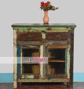 Buffets de rangement vintage en bois récupéré avec 2 tiroirs et une porte vitrée, meubles artisanaux indiens - Product Image 4