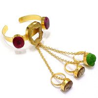 Gelang Manset Anak-Anak dari Paduan Kuningan Bebas Nikel, 3 Cincin, Model Tali Tangan, Batu Agate Mikro, Bentuk Kustom, Standar
