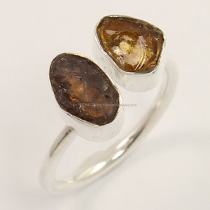 Anillos de fiesta de boda de plata de ley sólida 925 turmalina amarilla Natural áspera cruda 2 piedras Unisex ajustable frente abierto - Product Image 1