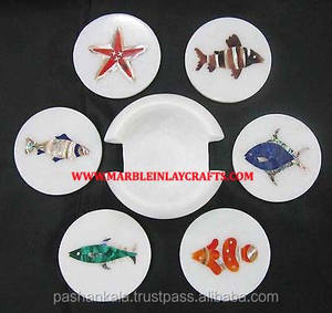 Handmade Decorate White Marble Inlay <b>Coaster</b> <b>Set</b> - Product Image 1
