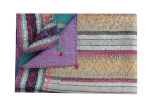 Vintage Sari Brocade Kantha Quilt Wholesale Stripe Hand Embroidered <b>Blanket</b> - Product Image 3
