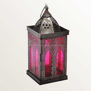 Moroccan Style Lantern with Pink Glass Vintage Metal <b>Hanging</b> <b>Light</b> Elegant Decorative Lamp for Home and <b>Garden</b> - Product Image 1