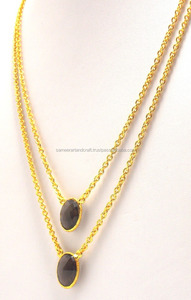 Conjunto de collar ovalado de cuarzo ahumado clásico de 12x14mm, bisel chapado en oro, cadenas de latón elegantes para fiestas y compromisos - Product Image 2