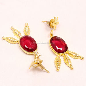 สีแดงสีแก้วสตั๊ด22 Ct รูปไข่รูปร่างที่สวยงามงบวินเทจต่างหู - Product Image 3