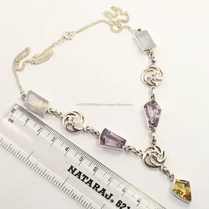 Collar llamativo de piedras múltiples de citrino natural, amatista y piedra lunar arcoíris, plata de ley 925 para bodas, aniversarios y fiestas - Product Image 1