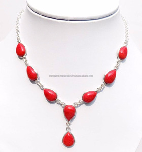 Nuevo collar de joyería de boda, collar de piedras preciosas en forma de pera de Coral rojo natural, collar con ajuste de bisel de plata 925 para mujer - Product Image 1