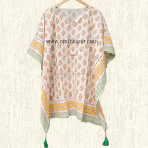 Hoge Kwaliteit Vrouw Kaftan Indian Handgemaakte Avond Korte Maxi Jurk Blok Print Katoen Ontwerper Wit Kaftan Poncho Groothandel