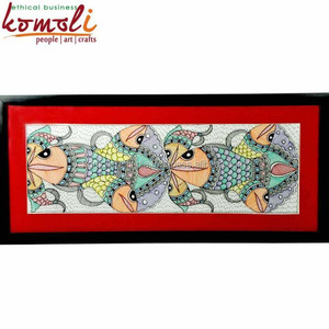 Peintures à la main cheveux noir, motif poisson et paon, madhubani - Product Image 5