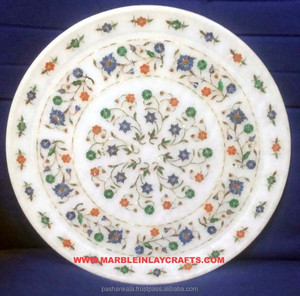 Assiette décorative en marbre d'albâtre faite à la main en forme de fleur en incrustation multicolore de forme ronde pour la cuisine et l'hôtel - Product Image 1