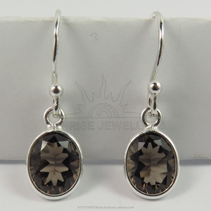 ¡Joyería India! Pendientes de Mujer Antialérgicos de Plata de Ley 925 con Gema Ovalada Cóncava de Cuarzo Ahumado Genuino de Moda - Product Image 1