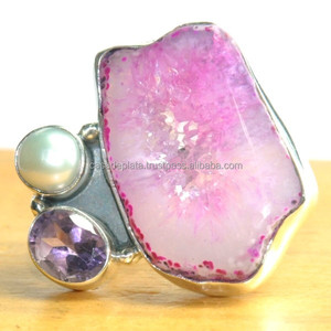 2015 nuevo diseño perla, amatista, anillo de plata con piedras preciosas Druzy, 925 esterlina precio bajo calidad garantizada anillo antiguo SER 4519 - Product Image 1