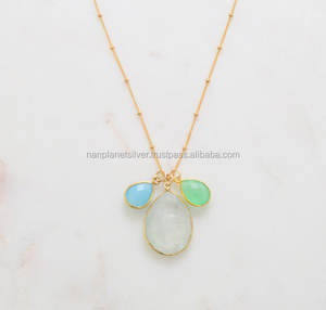 Vintage <b>925</b> Sterling <b>Silver</b> Pendant <b>Necklace</b> with 3 Pear Bezel Set Stones for Wedding Parties Gifts or Anniversaries - Product Image 1