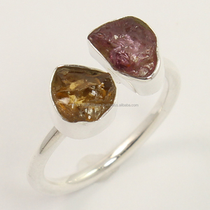 Nouveau pur 925 bague en argent Sterling massif taille rugueux mignon lunette réglage naturel jaune et rose Tourmaline pierres précieuses anneau bijoux - Product Image 1