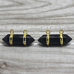 Pendentifs hexagonaux en agate noire plaqués rhodium avec fil d'or enroulé cadre de lunette chrétien religieux pour les fêtes - Product Image 5