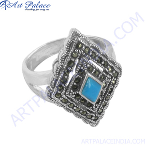 Bague en argent avec pierres précieuses turquoise simpliste Dernières bagues en marcassite Cadeaux artisanaux Souvenirs Bijoux pour femmes - Product Image 1