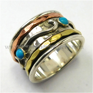 Indian Wholesale Unisex <b>Spinner</b> <b>Ring</b> in Sterling <b>Silver</b> Shiny Polished Finish with Turquoise Diamond Wedding Party Anniversary - Product Image 1