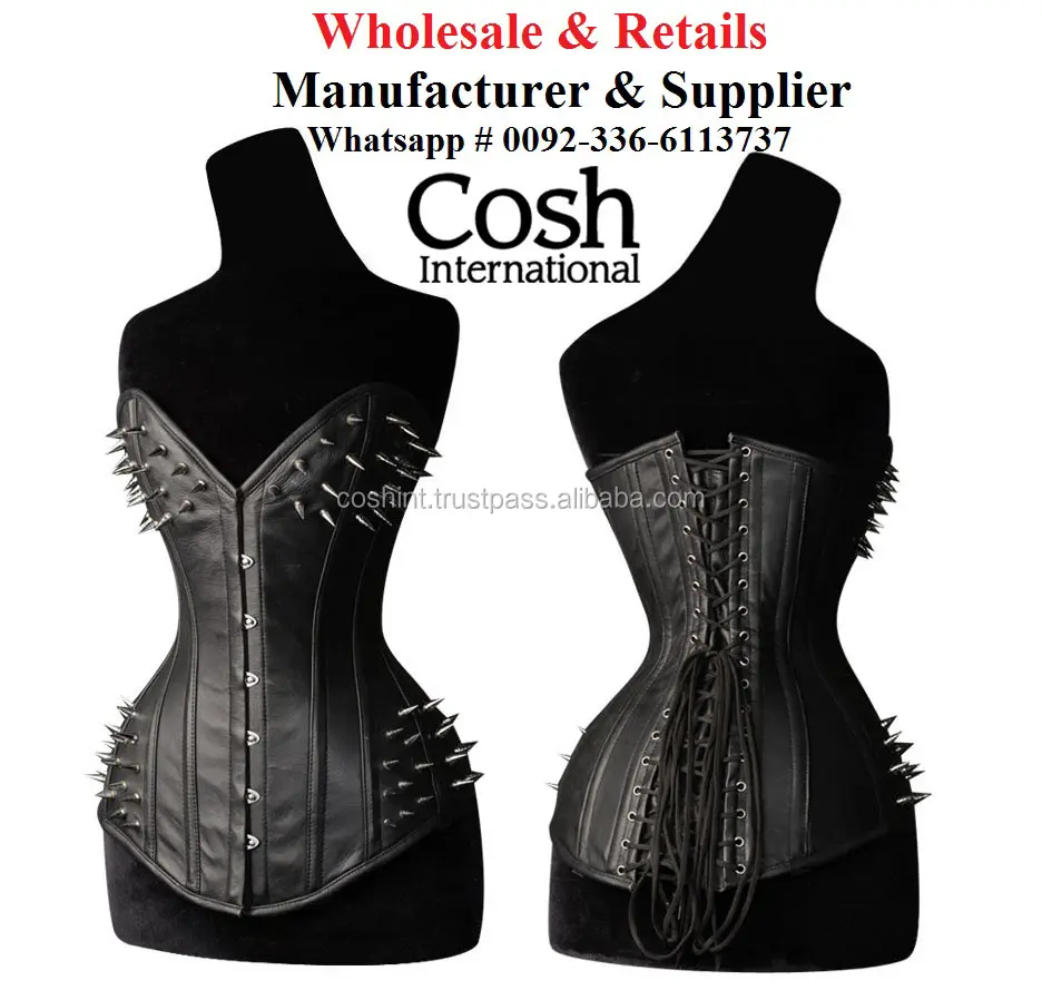 COSH korse Overbust Steelboned yeni tasarım siyah deri korse sivri fetiş ve Steampunk gotik Corse üst satıcıları ile