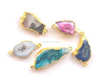Pendentif unisexe plaqué or 18 carats avec tranche d'agate naturelle et druse, motif en forme de chiffre mignon, fait main, double attache, idéal pour mariage, fête, fiançailles, cadeau