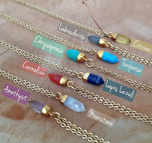 Little Spikes Gemstone Pendant 18 Inch Long Necklace - 16x5mm Gold Cap Spikes Pendant Necklace