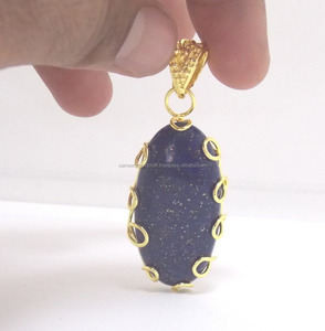 Colgante de collar de fianza individual, piedra preciosa de lapislázuli Natural, chapada en oro forma ovalada, alambre de Hip Hop envuelto para fiestas, regalos para ella - Product Image 2
