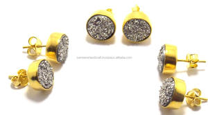 <b>Silver</b> Druzy Round Shape Gemstone Jewelry Gold Gold Plated Trendy Fashion Gift for Her <b>Stud</b> <b>Earring</b> <b>Set</b> - Product Image 3