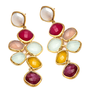 Boucles d'oreilles pour femmes en argent sterling 925 faites à la main, plaquées or massif, forme coussin, multi-pierres précieuses, pendantes, classiques, certifiées par une tierce partie - Product Image 1