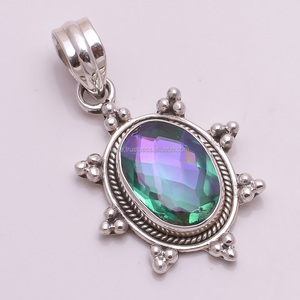 Pendentif en argent sterling 925 personnalisé en argent antique Topaze mystique naturelle Pierres précieuses Bijoux Lunette Réglage Incrustation Fabricant direct - Product Image 1