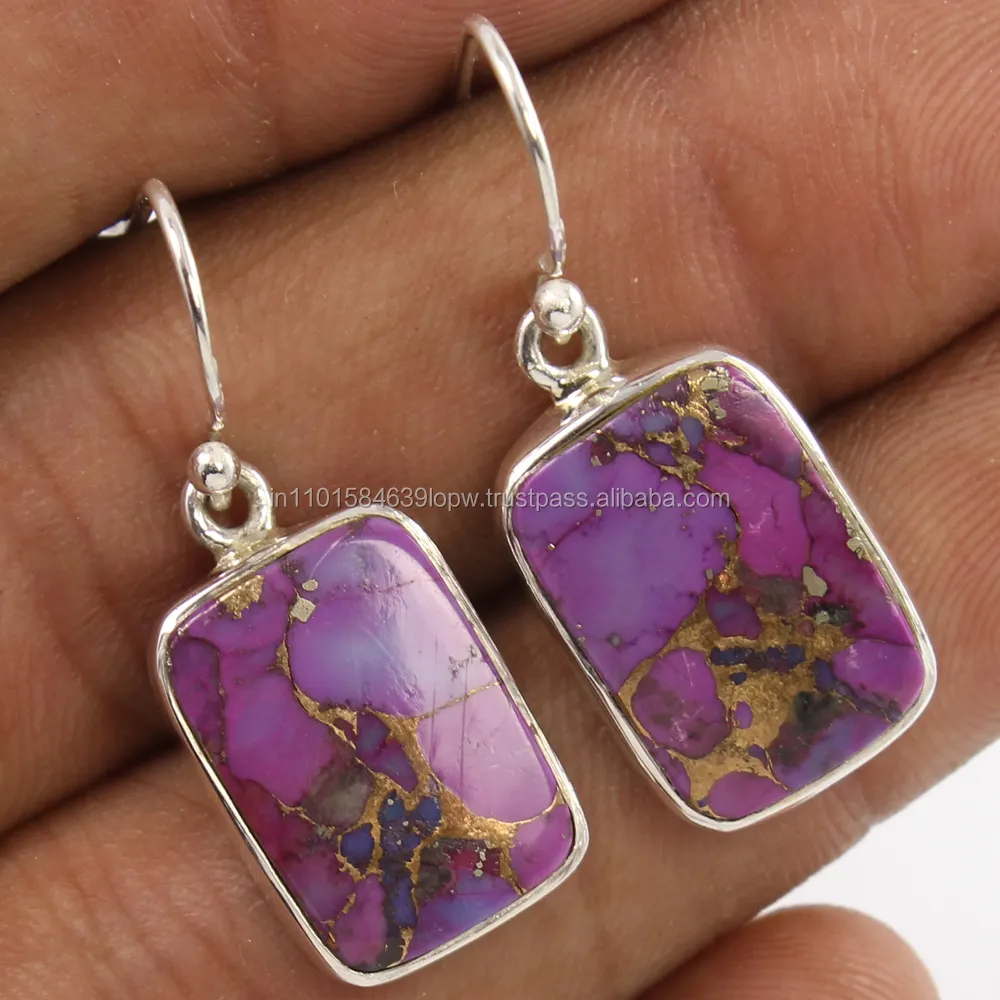 Delicate Earrings Natural Rectangle Shaped PURPLE COPPER TURQUOISE Gemstones 925 Solid Sterling Silver Exporter
