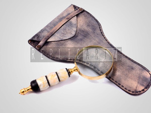 Mother of Pearl Leather Wrapped Brass Magnifying Glass Vintage <b>Nautical</b> <b>Decor</b> Handheld Magnifier Antique Optical Instrument - Product Image 3