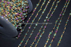 สร้อยประคำหินรูบี้โซไซต์ธรรมชาติทรงเหลี่ยม ขนาด 3.5 มม. ลวดทองเหลืองชุบทอง ประดับด้วยลูกปัดพลอย คอสซแคทล์ เอ็กซ์พอร์ต - Product Image 5