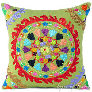 Boho-Chic Hand Embroidered Indian Cotton <b>Cushion</b> Square Suzani Work Pillow <b>Cover</b> Floral Home Decor Art Handmade in India - Product Image 1
