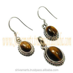 Nouveau chaud pour les femmes filles bijoux 925 en argent Sterling oeil de tigre pierres précieuses pendentifs ensemble de boucles d'oreilles pour femme - Product Image 2