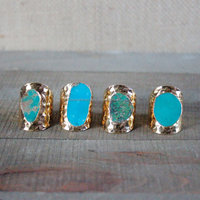 Grande bague en pierre brute turquoise bleu-vert, sertie clos, réglable, plaquée or, pour mariage et soirée