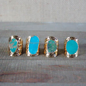 Large Rough Gemstone Raw <b>Ring</b> Blue Green <b>Turquoise</b> Adjustable <b>Gold</b> Plated - Product Image 2