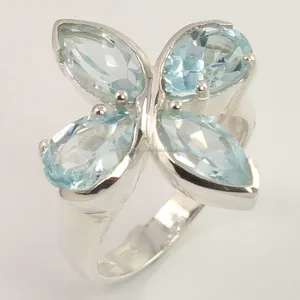 诞生石戒指天然蓝色黄玉宝石925纯银饰品仿古风格厚实戒指所有大小