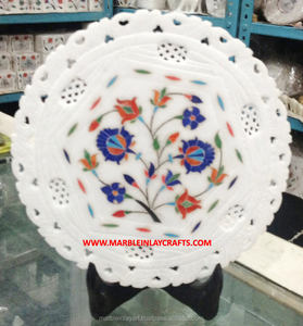 Assiettes en marbre blanc avec incrustations de fleurs neuves, travail de sculpture, assiette décorative pour la décoration de la maison et à des fins de décoration intérieure - Product Image 1