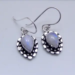 Antique Rainbow Moonstone Natural Gemstone 925 Sterling Silver Classy Jewellery,Silver Earring