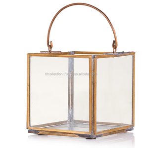 Square Brass <b>Lantern</b> With Glass Panels And <b>Metal</b> Handle For Home Decoration - Product Image 1