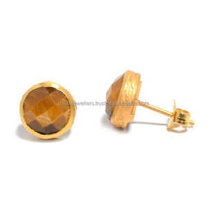 tiger eye gemstone <b>sterling</b> <b>silver</b> vermeil gold plated <b>stud</b> <b>earrings</b> - Product Image 1