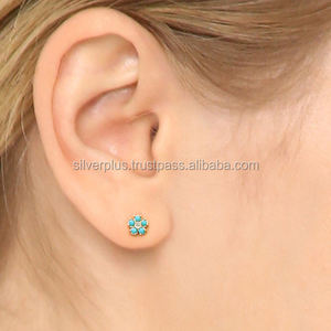 Solid 18k Yellow Gold Diamond <b>Turquoise</b> <b>Stud</b> <b>Earrings</b> Wholesale Jewelry - Product Image 2