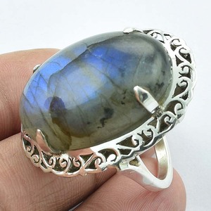 แหวนพลอยไฟสีฟ้าลาบราดอไรต์ธรรมชาติ925แหวนหินขนาดใหญ่ทำด้วยมือเครื่องประดับเงินอินเดียสไตล์ Boho - Product Image 2