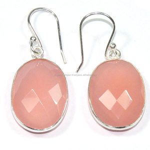 Pendientes colgantes de gota de Plata de Ley 925, forma ovalada de moda, bisel de piedras preciosas de Calcedonia Rosa Natural para boda o regalo - Product Image 1