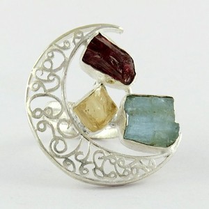 Half Moon Look Aquamarine Citrine <b>Garnet</b> 925 <b>Silver</b> Bezel Setting Trendy <b>Ring</b> Handmade <b>Silver</b> Jewelry - Product Image 1