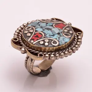 Turquesa coral antigo tibetano anéis jóias granel atacado anéis mulheres e meninas moda jóias fabricante