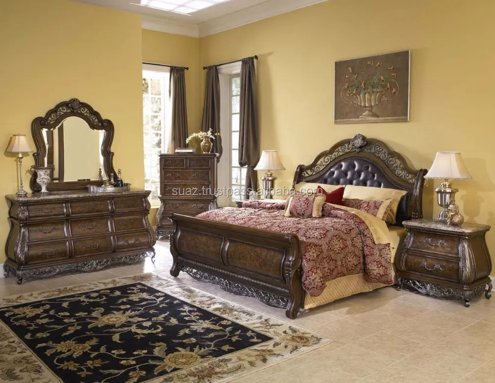 Set Furniture Kamar Tidur Ukiran Tangan Pakistan, Set Furnitur Kamar Tidur Kayu Sakura Solid, Set Furnitur Kamar Tidur King Mewah Coklat