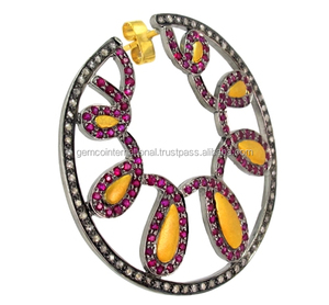 Pendientes de aro de oro amarillo con gema de rubí Natural, joyería fina hecha a mano, con diamantes de pavé, Estilo Vintage - Product Image 3