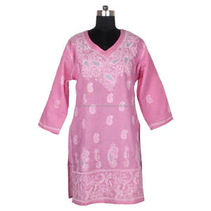 DRL022 tavuk işlemeli uzun Kurta hint pamuk tunik çiçek üst tatil giyinik boyut S, <span class=keywords><strong>M</strong></span>, L, XL, XXL pamuk Chikankari - Product Image 1
