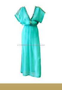 Aqua <b>Long</b> Silk Satin Woven <b>Kaftan</b> <b>Dress</b> Elegant Washable Maxi Beachwear & Resort Wear - Product Image 3
