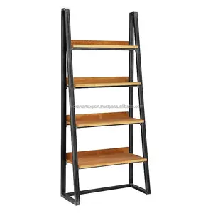 Handmade Industrial & Vintage Iron Metal & Wooden Ladder Bookcase for Home Furniture